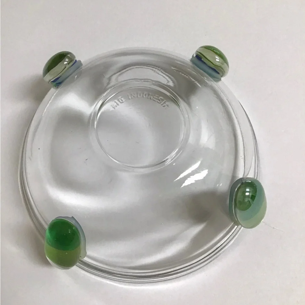 Art Glass Condiment Dish Blue Green Pebble Wire Wrapped Spoon Sea KIG Indonesia